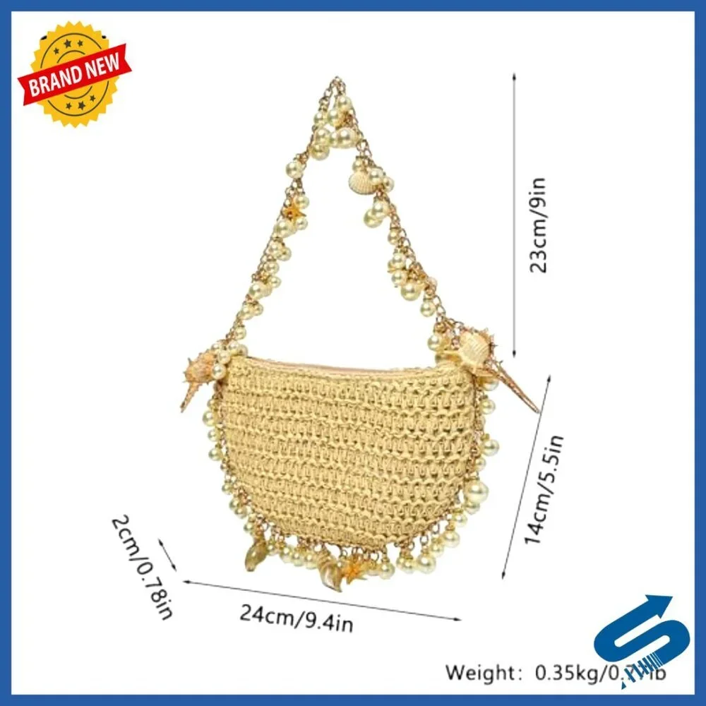 Handmade Straw Tote Bag Bohemian Beach Purse with Shell Pearl Embellishments